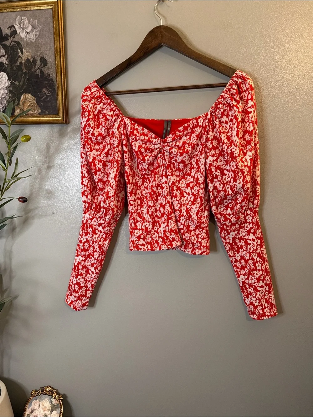 Anthropologie Red Floral Sweetheart Corset Crop Blouse XS Romantic Cottagecore - Picture 2 of 9